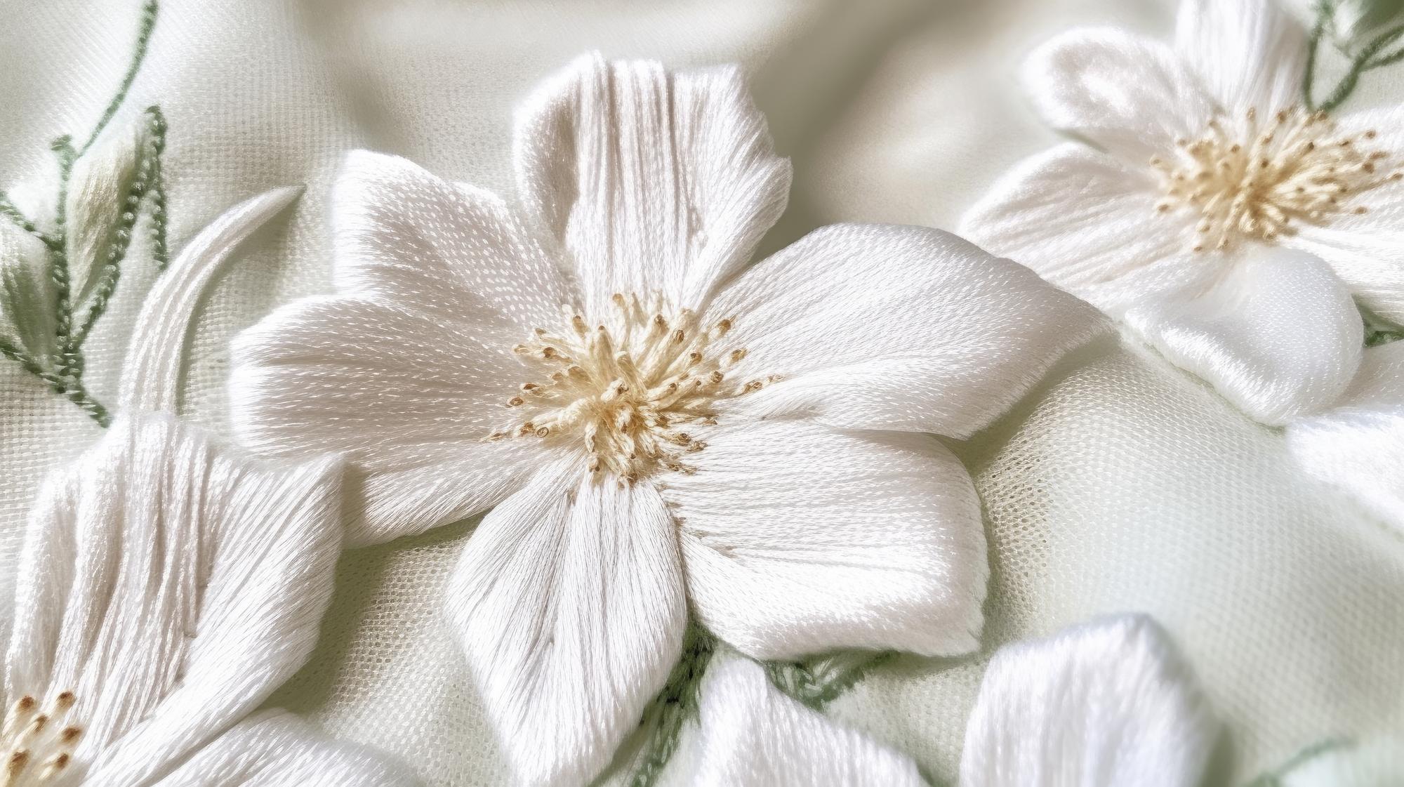 broderie florală detaliu pe pânză crem